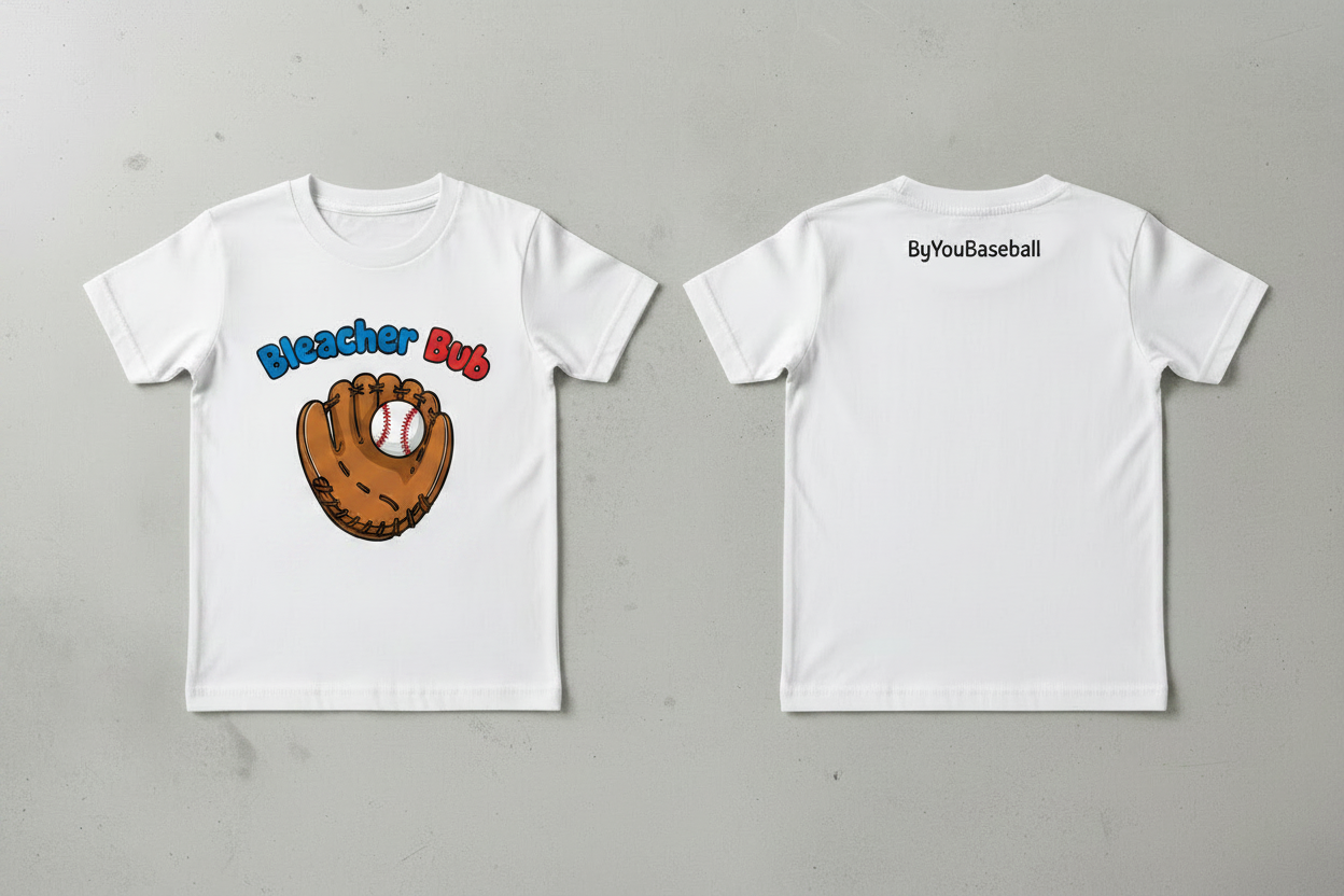 Bleacher Bub Cartoon Cheerer tee front and back view